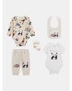 GUESS סט תינוקות בגד גוף קצר וארוך, גרביים, סינר ומכנסיים