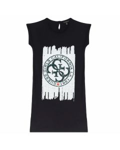 GUESS שמלת טישירט שחורה מעוטרת לבנות שרוול קצר