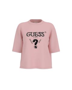 GUESS חולצת טישירט בוקסי עם לוגו פייטים שרוול קצר