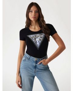 GUESS חולצת טריקו קצרה עם לוגו משולש פרחוני לנשים